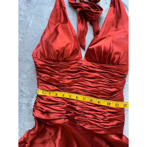 Vintage Y2K Cache Silk Ruched Dress 4 Burnt Orange Rust Asymmetric Fairy Halter - Picture 15 of 16